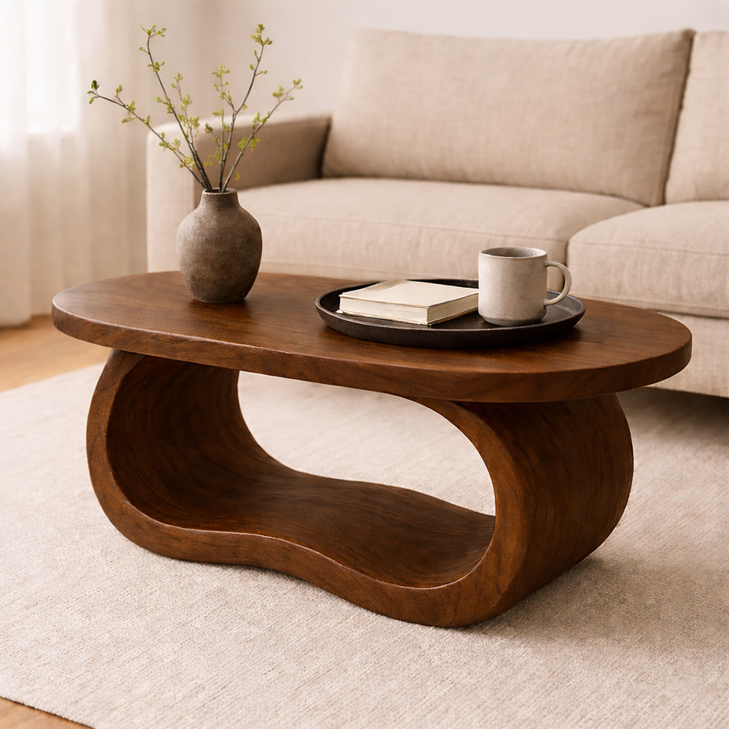Curved Solid Wood Coffee Table – Sculptural Modern Living Room Center Table