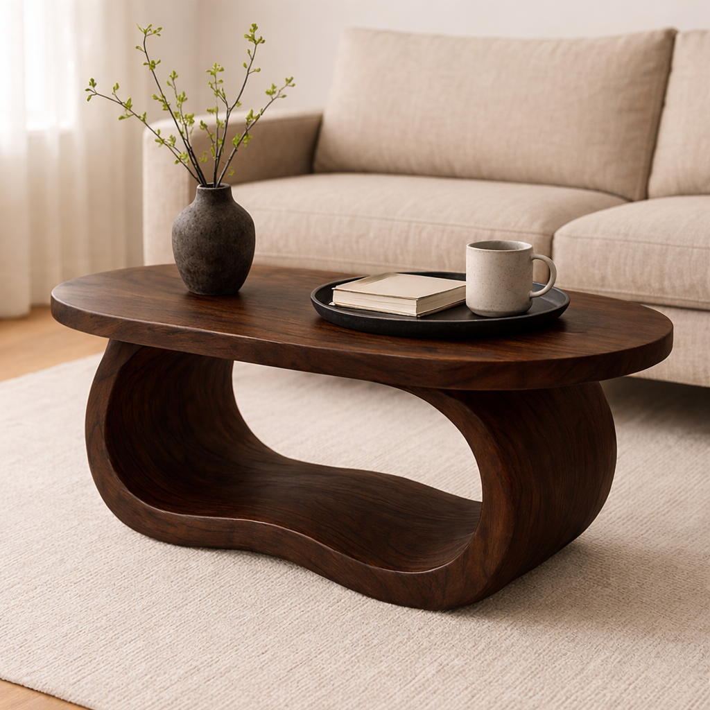 Curved Solid Wood Coffee Table – Sculptural Modern Living Room Center Table