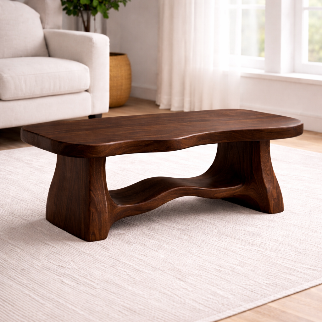 Solid Wood Coffee Table with Organic Curved Base – Rustic Modern Living Room Table