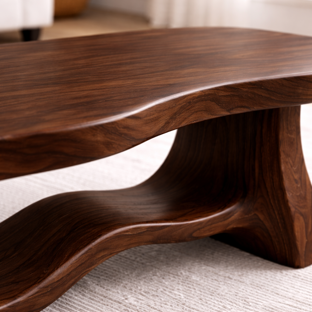 Solid Wood Coffee Table with Organic Curved Base – Rustic Modern Living Room Table