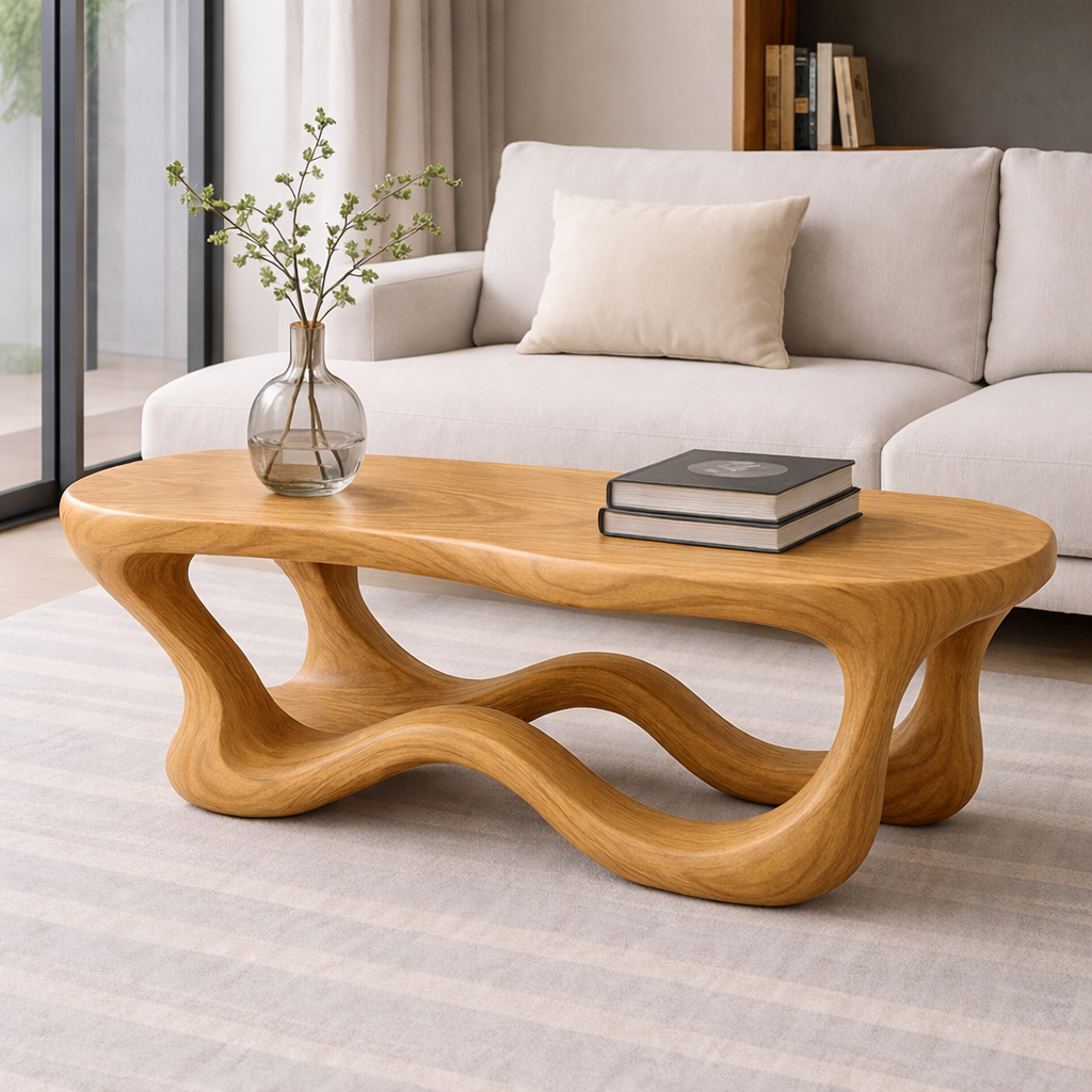 Solid Wood Sculptural Coffee Table with Organic Wave Base – Modern Living Room Table
