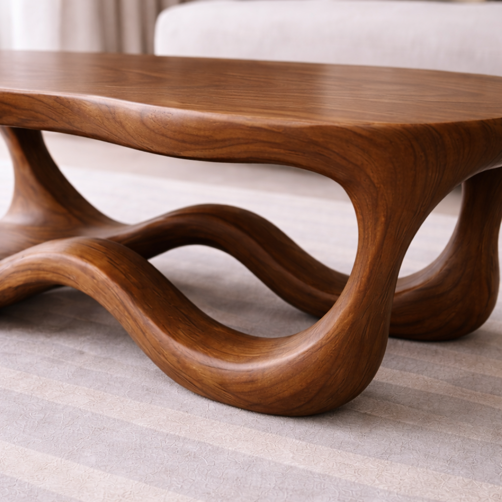 Solid Wood Sculptural Coffee Table with Organic Wave Base – Modern Living Room Table