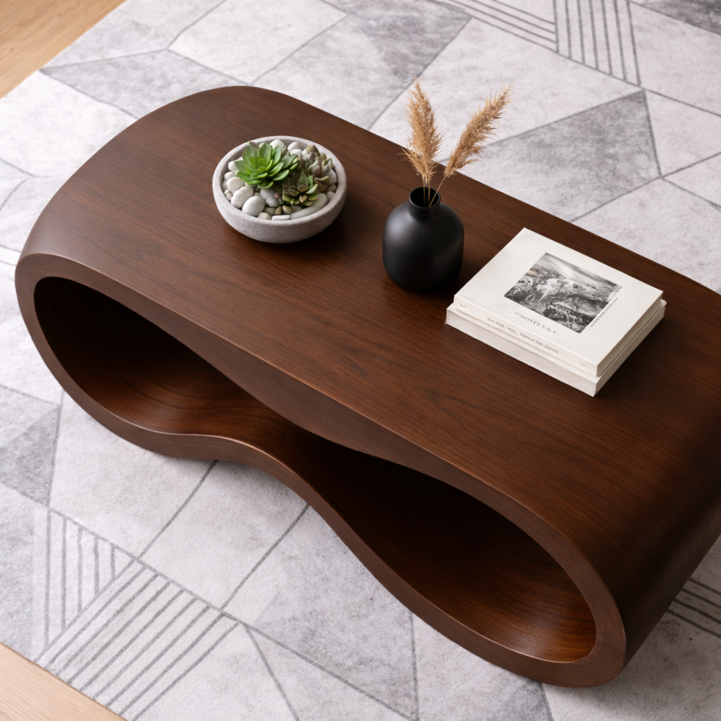 Curved Solid Wood Coffee Table – Modern Sculptural Wave Design Living Room Table