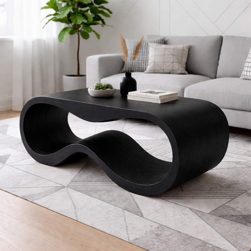 Curved Solid Wood Coffee Table – Modern Sculptural Wave Design Living Room Table
