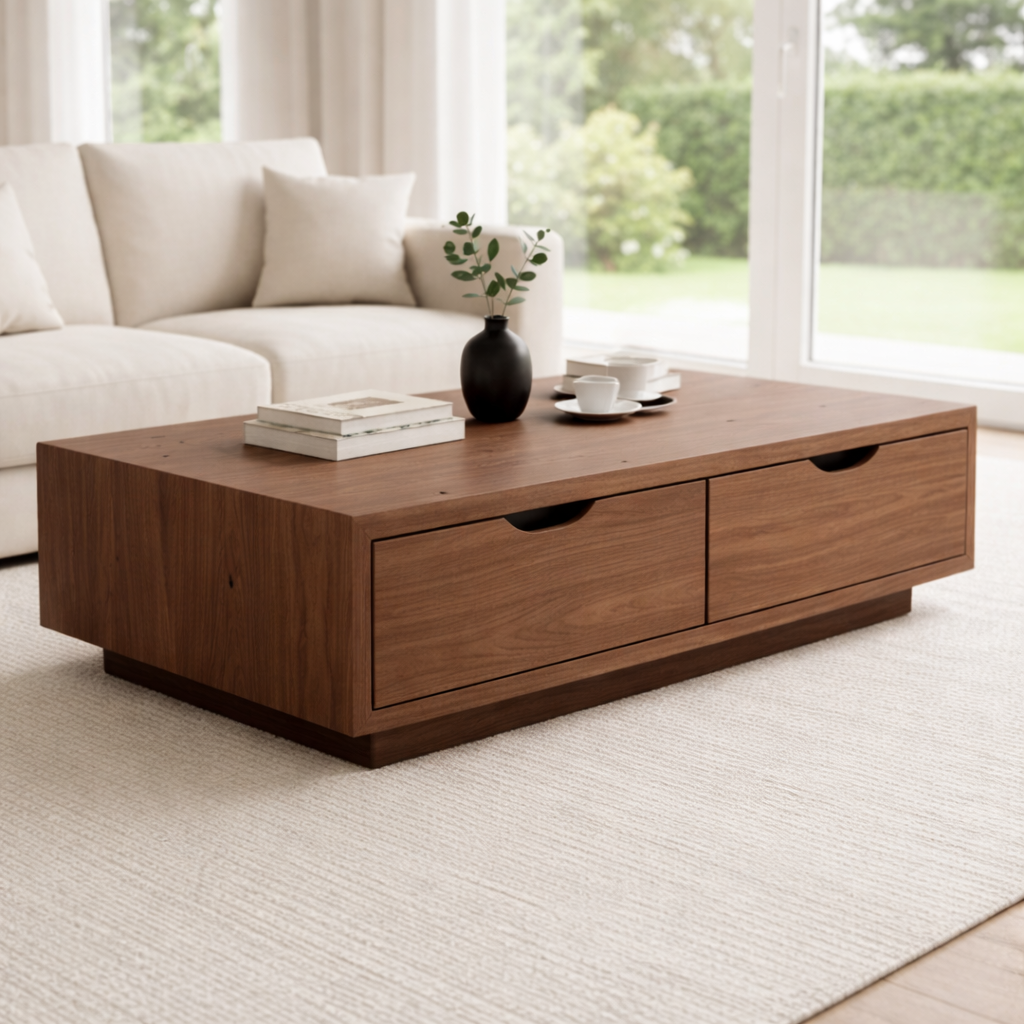 Solid Wood Coffee Table with Storage Drawers – Modern Low Profile Living Room Table