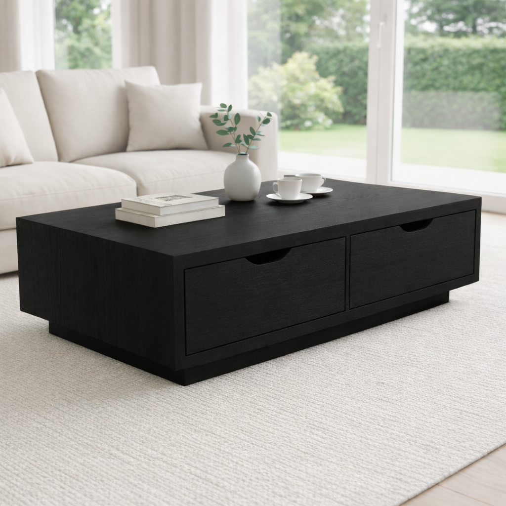 Solid Wood Coffee Table with Storage Drawers – Modern Low Profile Living Room Table