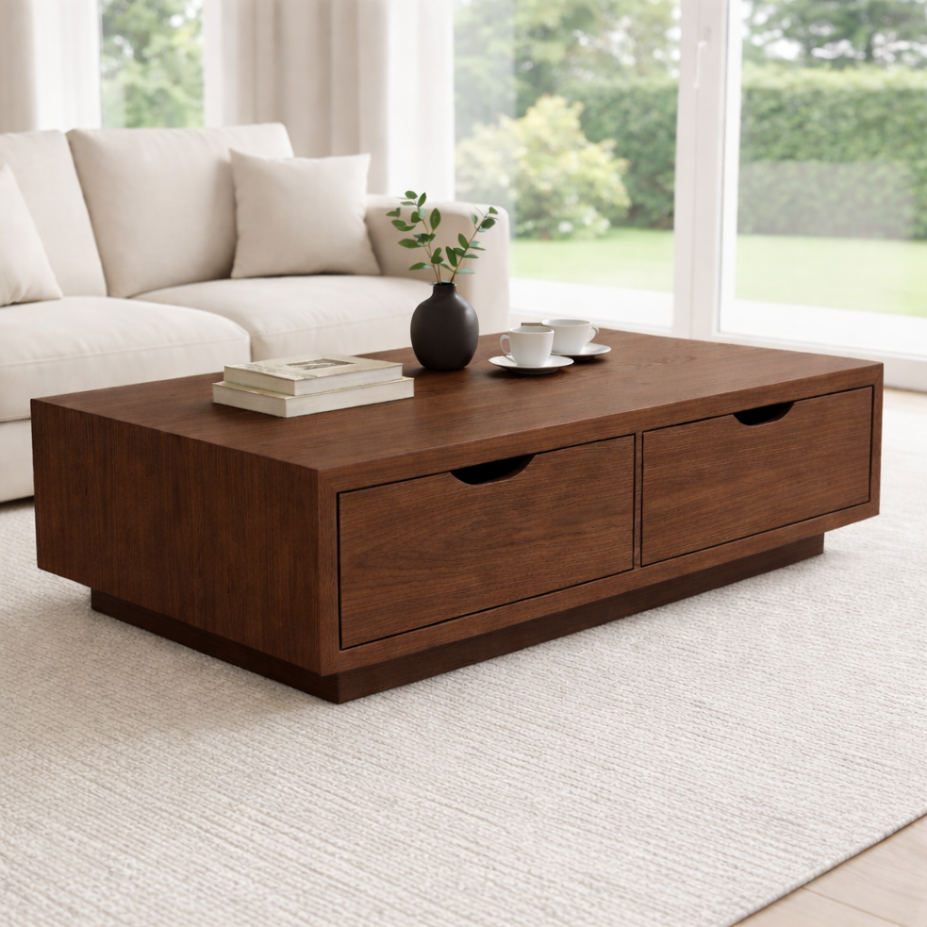 Solid Wood Coffee Table with Storage Drawers – Modern Low Profile Living Room Table