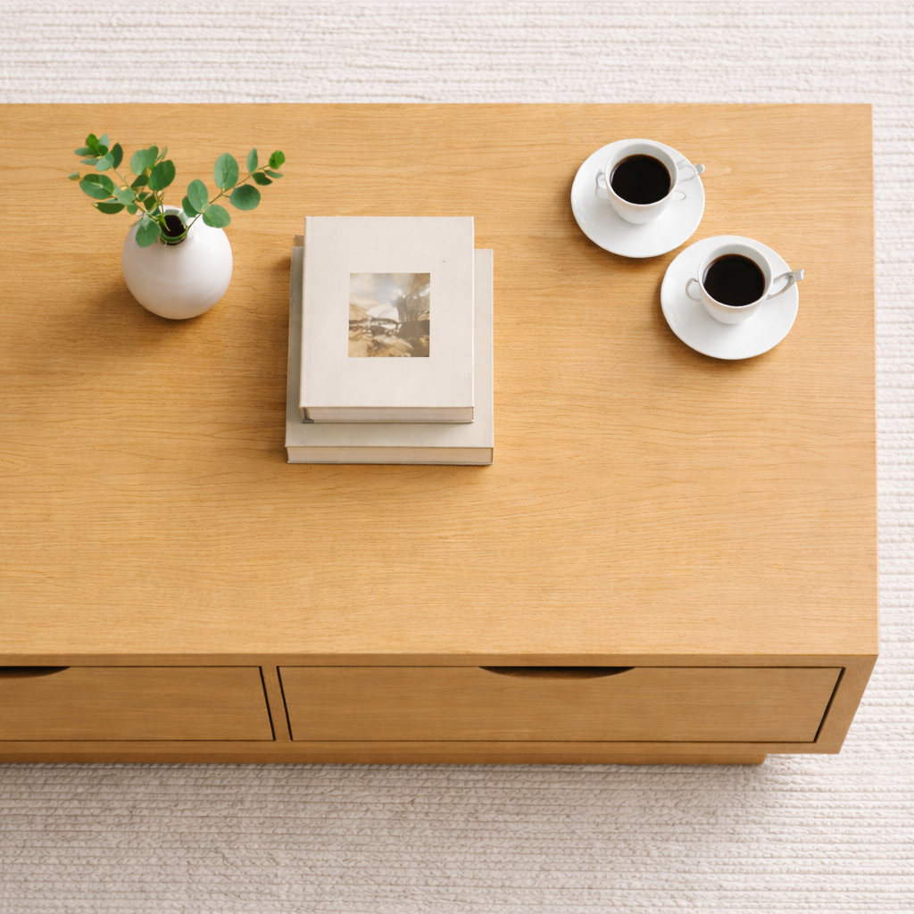 Solid Wood Coffee Table with Storage Drawers – Modern Low Profile Living Room Table