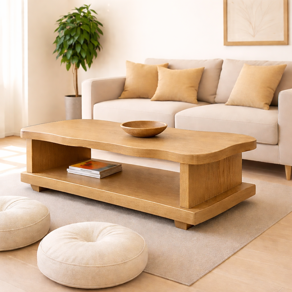 Solid Wood Coffee Table with Open Shelf – Modern Living Room Center Table