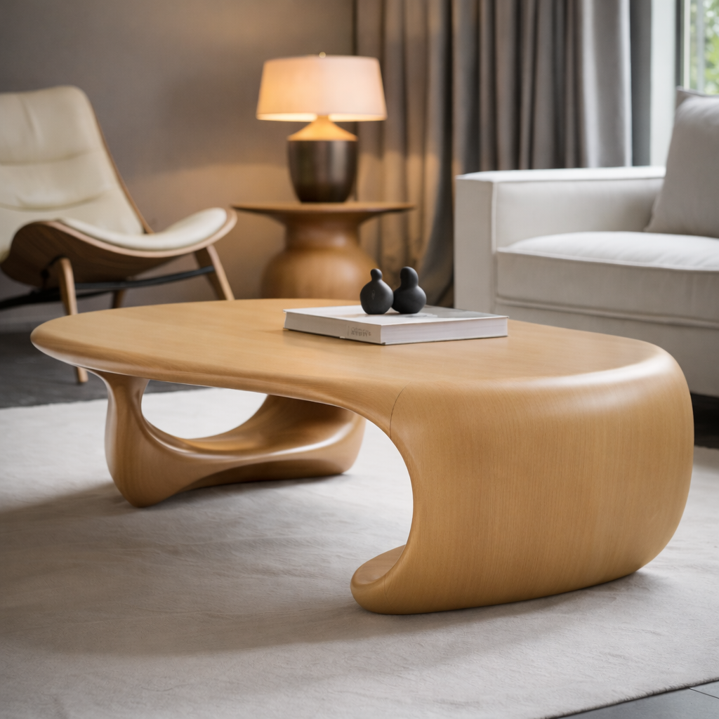 Solid Wood Sculptural Coffee Table with Organic Curved Base – Modern Living Room Table