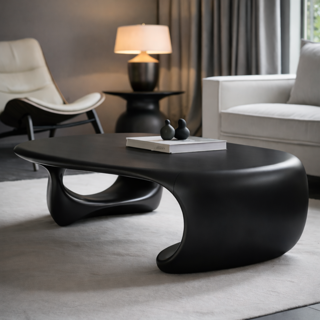 Solid Wood Sculptural Coffee Table with Organic Curved Base – Modern Living Room Table