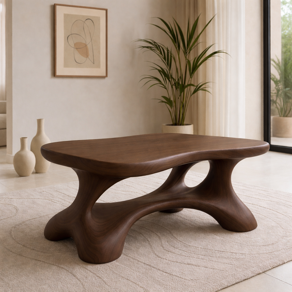 Solid Wood Sculptural Coffee Table with Organic Curved Base