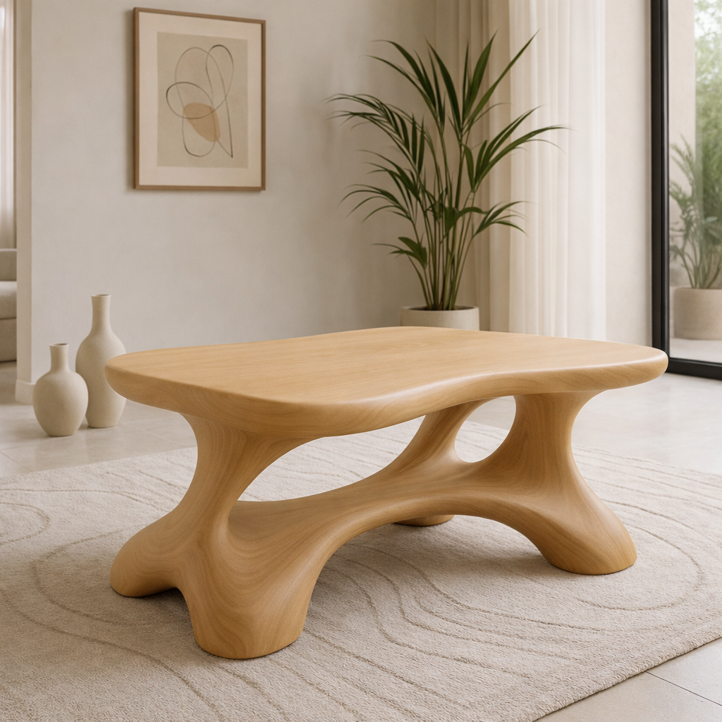 Solid Wood Sculptural Coffee Table with Organic Curved Base