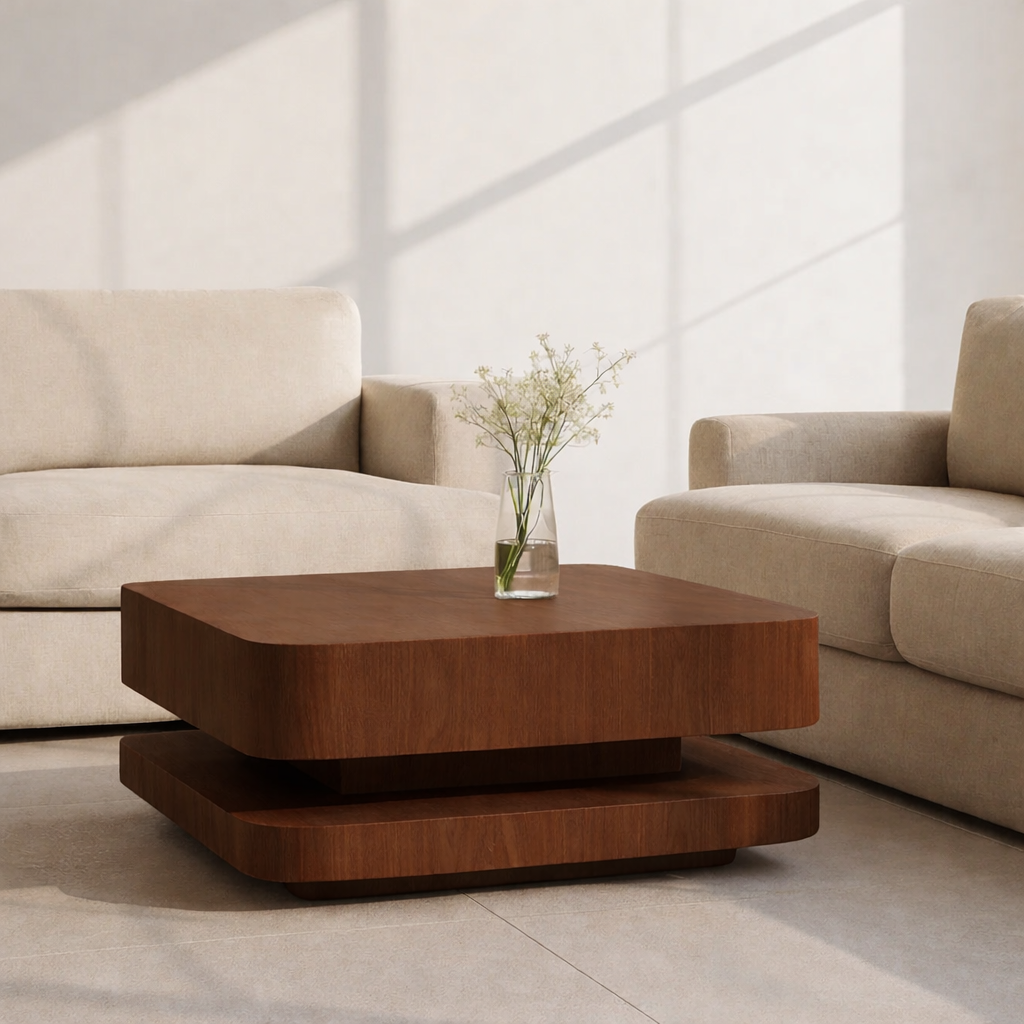 Solid Wood Coffee Table with Rounded Corners – Modern Minimalist Walnut Living Room Table