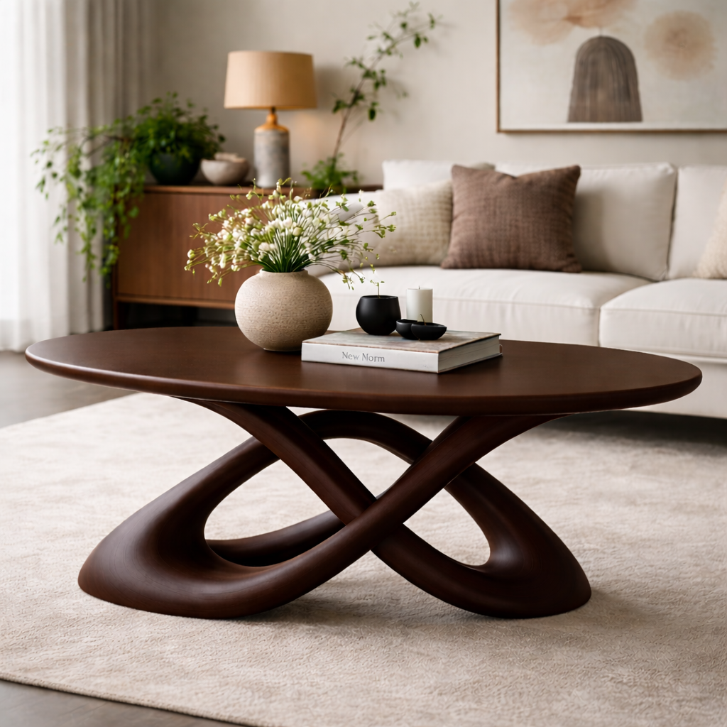 Solid Wood Sculptural Coffee Table with Curved Base