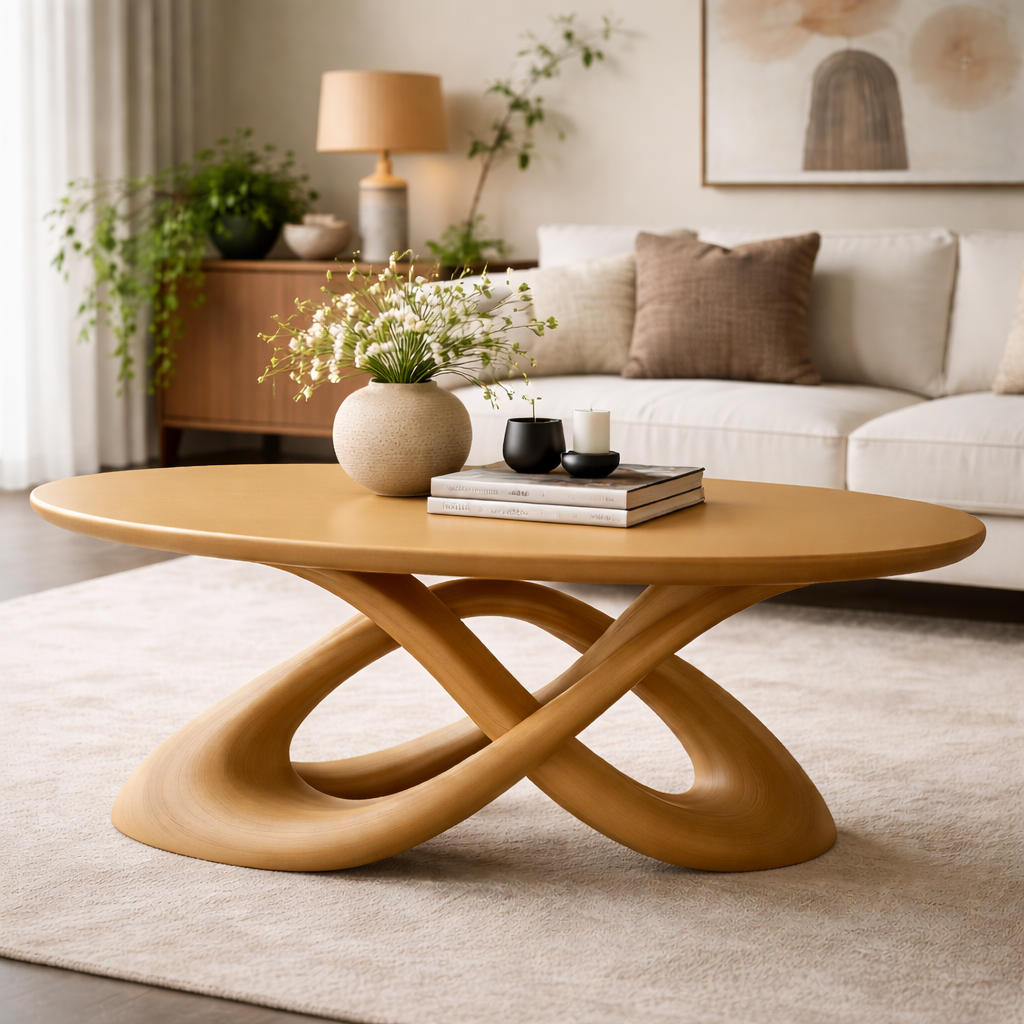 Solid Wood Sculptural Coffee Table with Curved Base