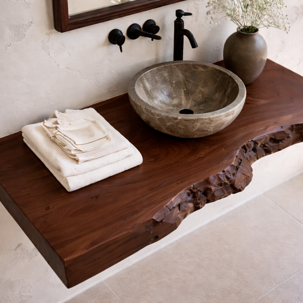 Floating Live Edge Solid Wood Bathroom Vanity Countertop