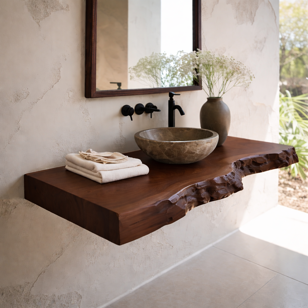 Floating Live Edge Solid Wood Bathroom Vanity Countertop