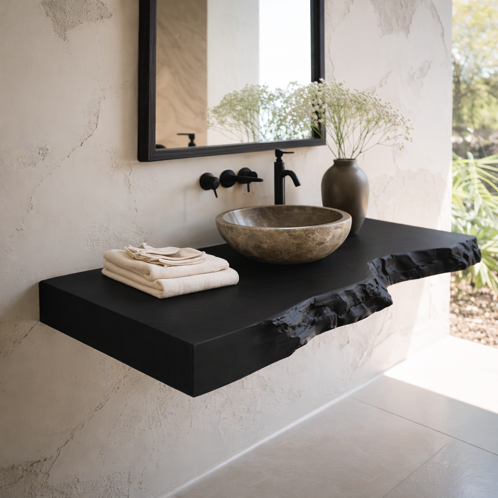 Floating Live Edge Solid Wood Bathroom Vanity Countertop