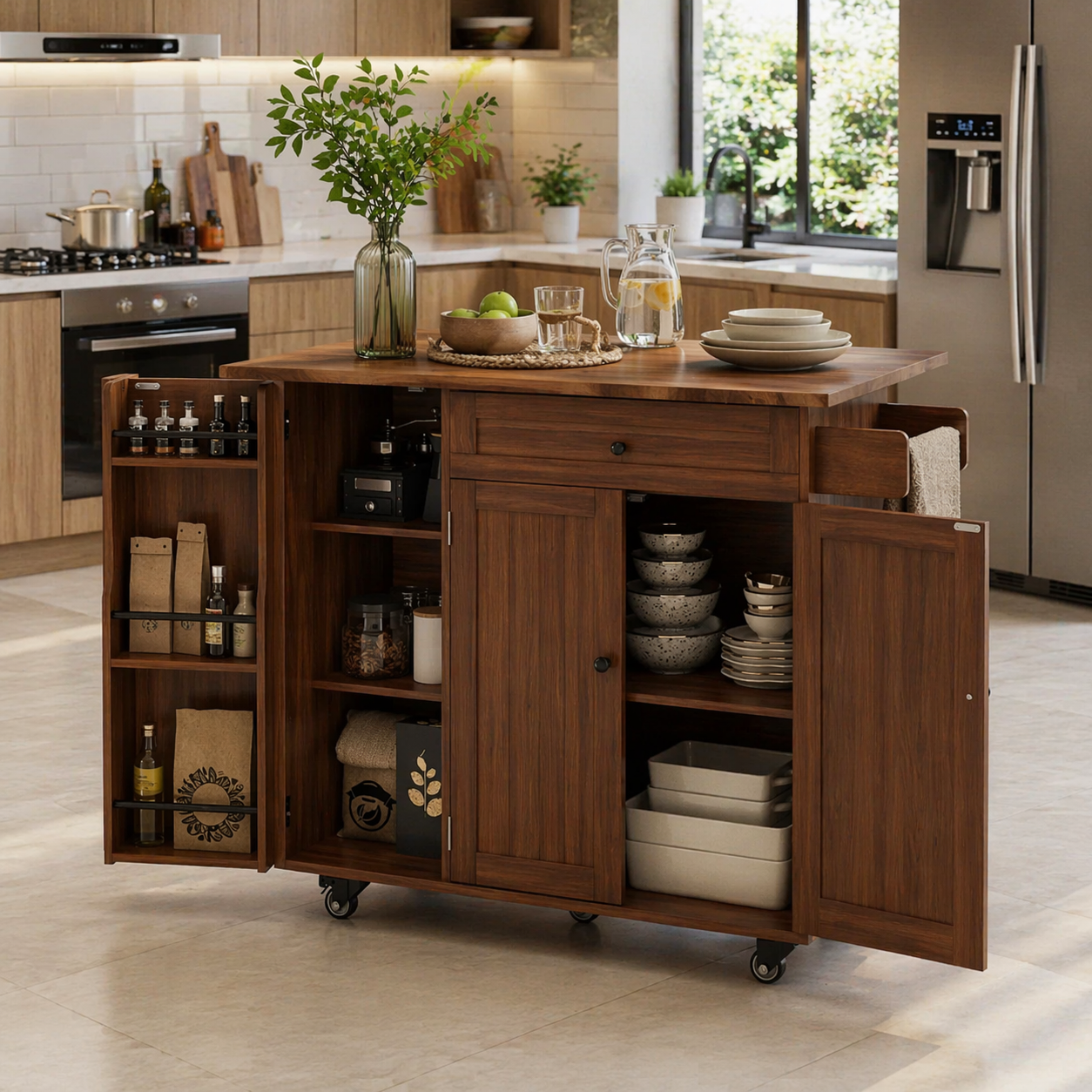 Solid Wood Kitchen Island with Seating – Walnut Rolling Storage Table with Cabinet & Towel Bar