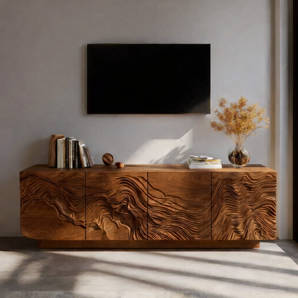 Solid Wood TV Stand with Carved Wave Design Modern Oak Media Console with Storage