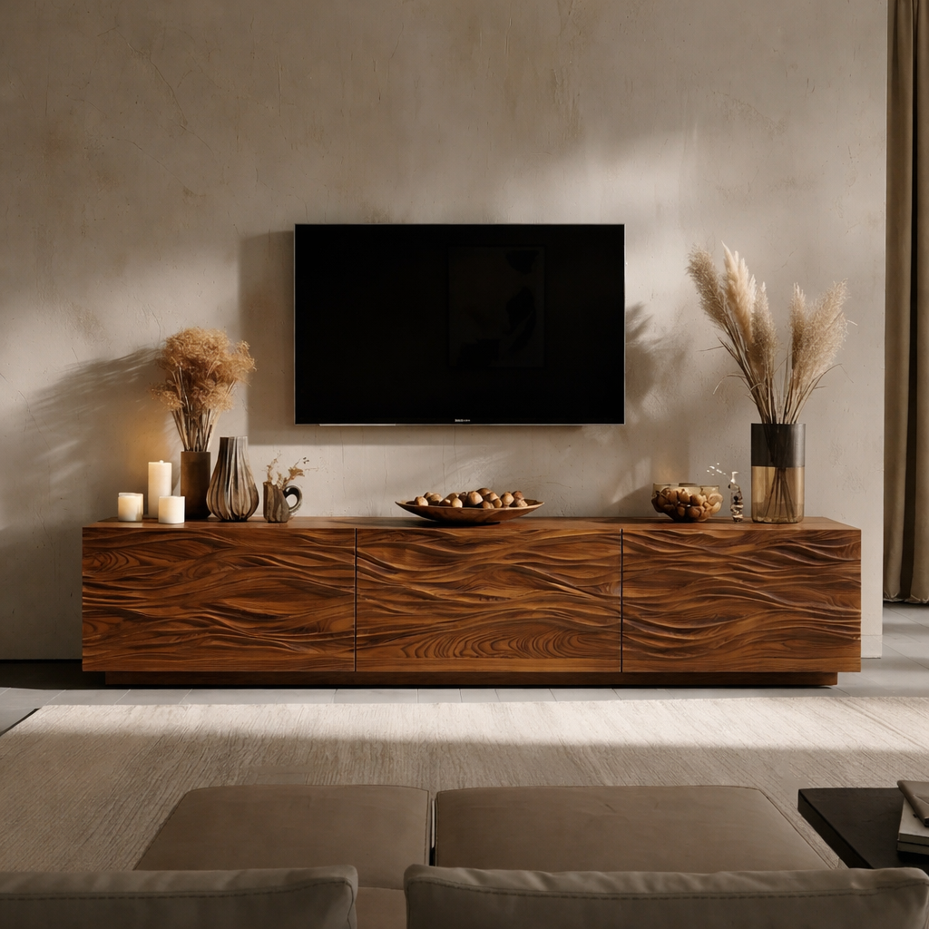 Solid Wood TV Stand Modern Oak Media Console with Wave Carved Doors and Storage