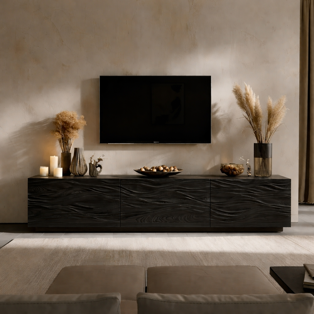 Solid Wood TV Stand Modern Oak Media Console with Wave Carved Doors and Storage
