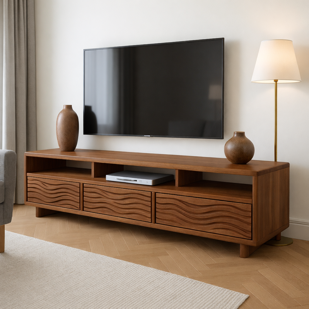 Solid Wood TV Stand Modern Oak Media Console with Wave Drawers and Open Storage