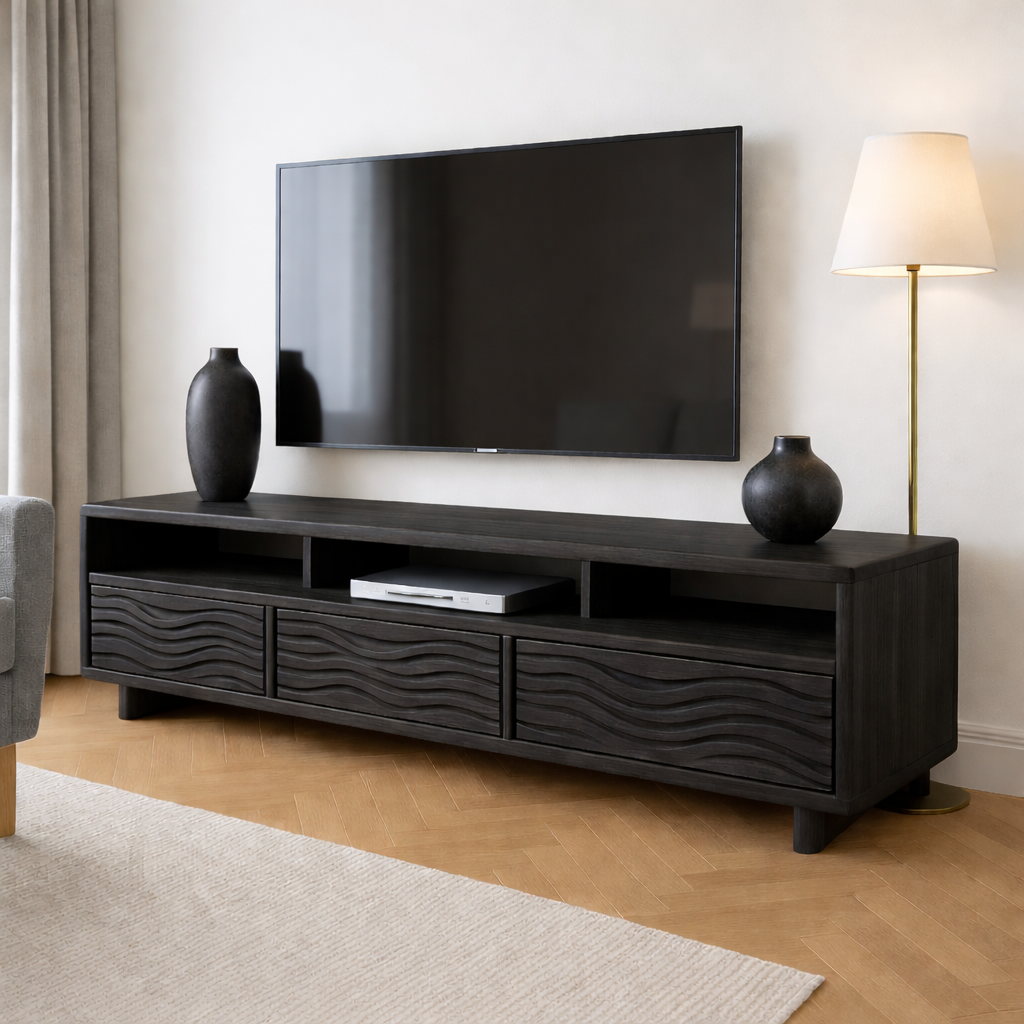Solid Wood TV Stand Modern Oak Media Console with Wave Drawers and Open Storage