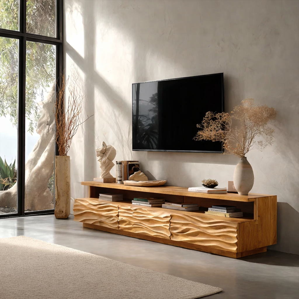 Solid Wood TV Stand Modern Oak Media Console with Carved Wave Doors and Storage