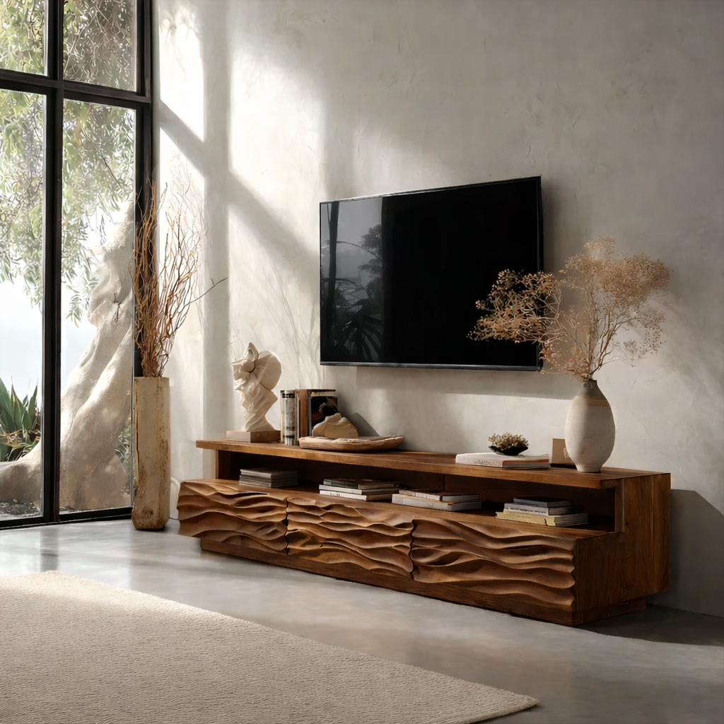 Solid Wood TV Stand Modern Oak Media Console with Carved Wave Doors and Storage