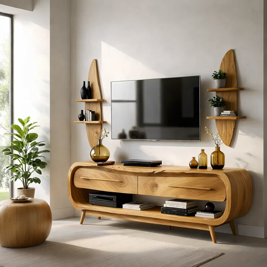 Solid Wood TV Stand Modern Walnut Media Console with Curved Design and Storage