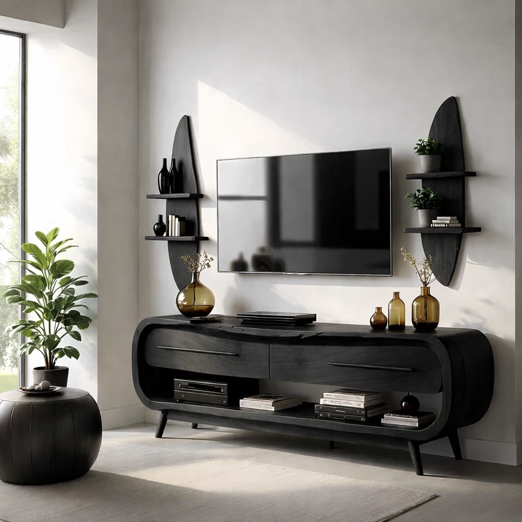 Solid Wood TV Stand Modern Walnut Media Console with Curved Design and Storage