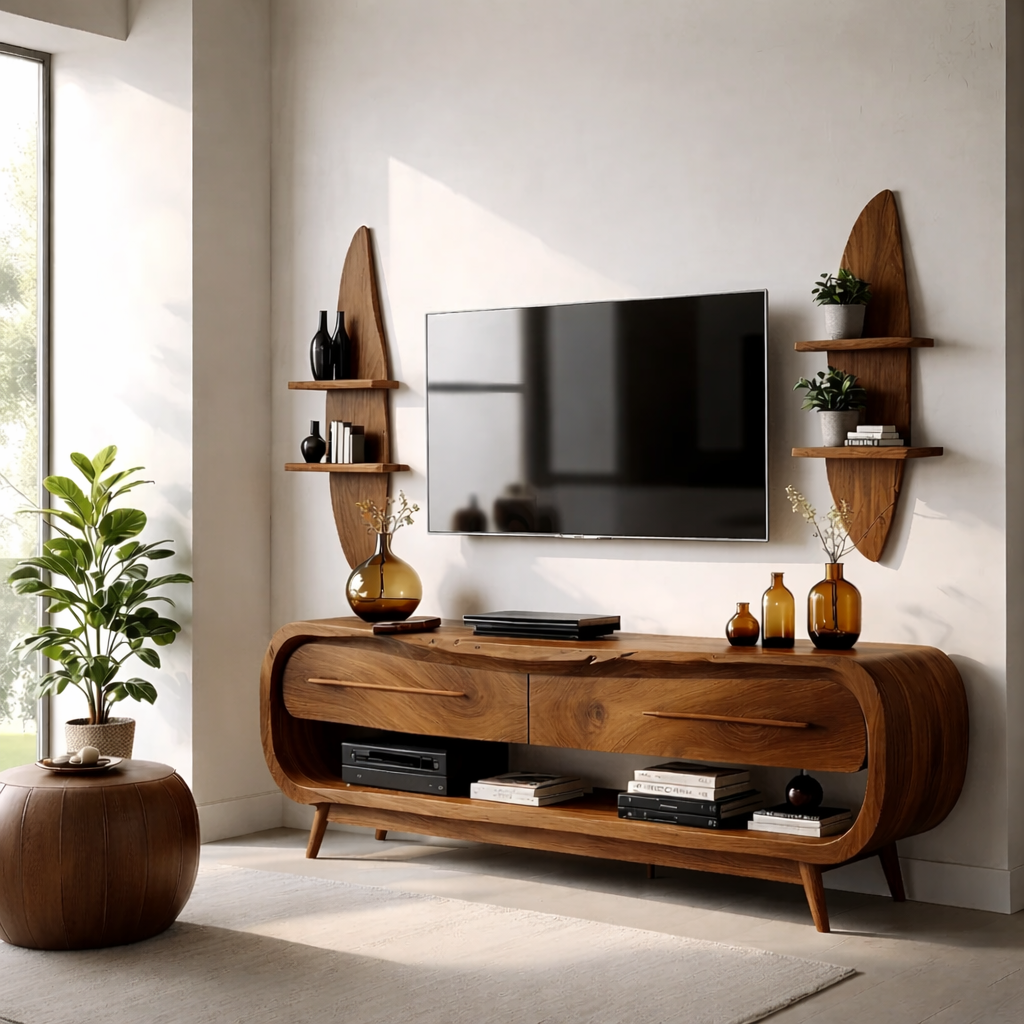 Solid Wood TV Stand Modern Walnut Media Console with Curved Design and Storage