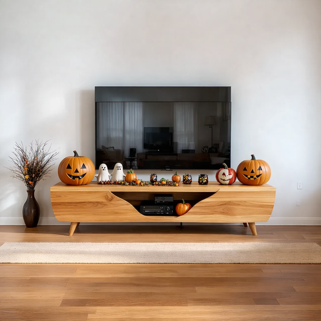 Solid Wood TV Stand Modern Walnut Media Console with Curved Front and Storage