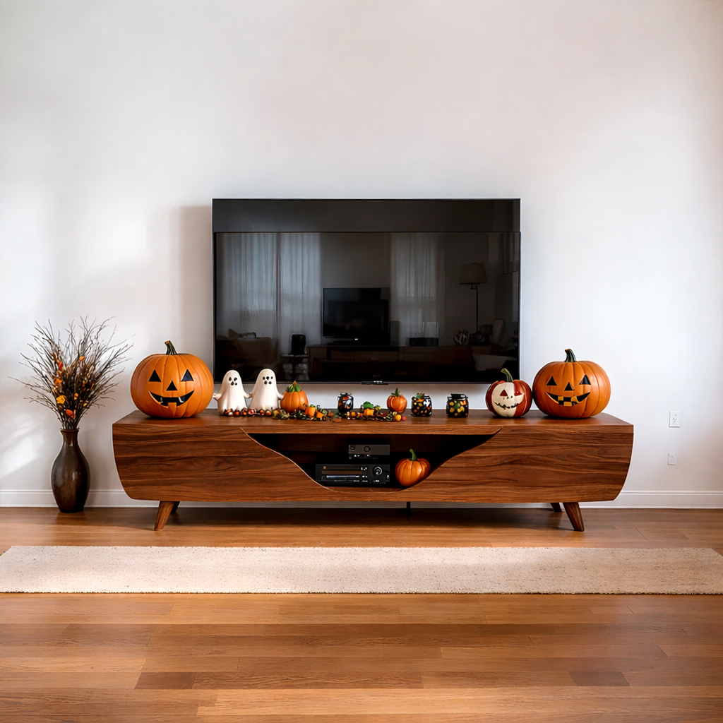 Solid Wood TV Stand Modern Walnut Media Console with Curved Front and Storage