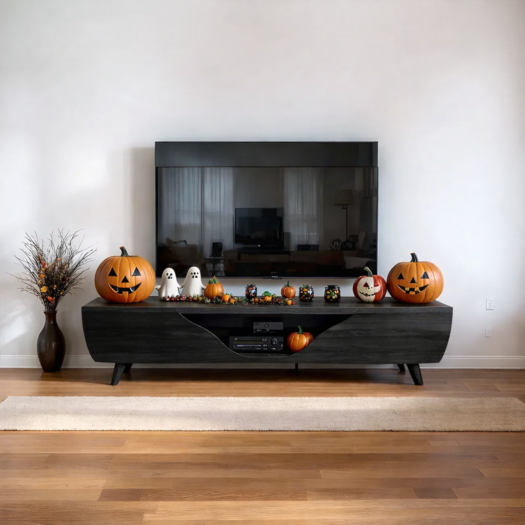 Solid Wood TV Stand Modern Walnut Media Console with Curved Front and Storage
