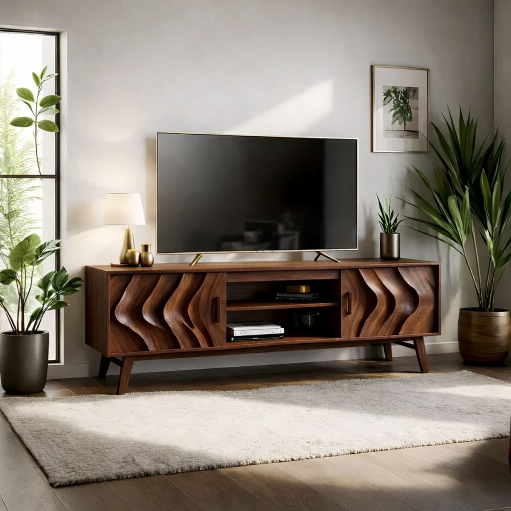 Solid Wood TV Stand Modern Walnut Media Console with Wave Doors and Storage