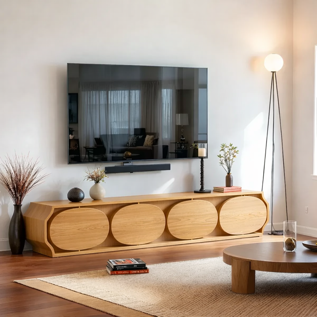 Solid Wood TV Stand Modern Walnut Media Console with Round Panel Doors and Storage