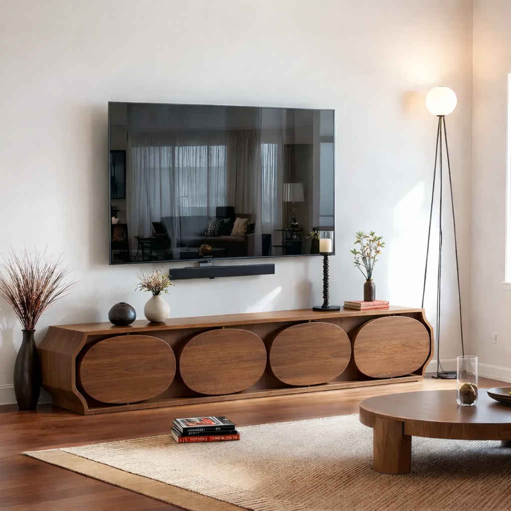 Solid Wood TV Stand Modern Walnut Media Console with Round Panel Doors and Storage