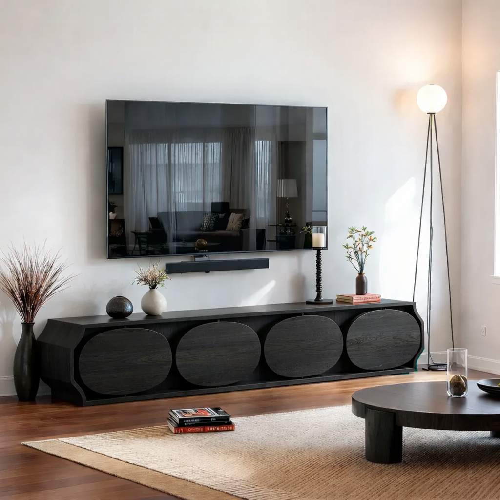 Solid Wood TV Stand Modern Walnut Media Console with Round Panel Doors and Storage