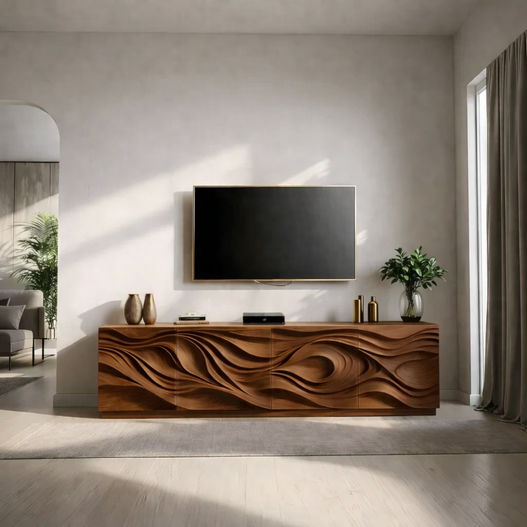 Solid Wood TV Stand Modern Walnut Media Console with Sculpted Wave Doors and Storage