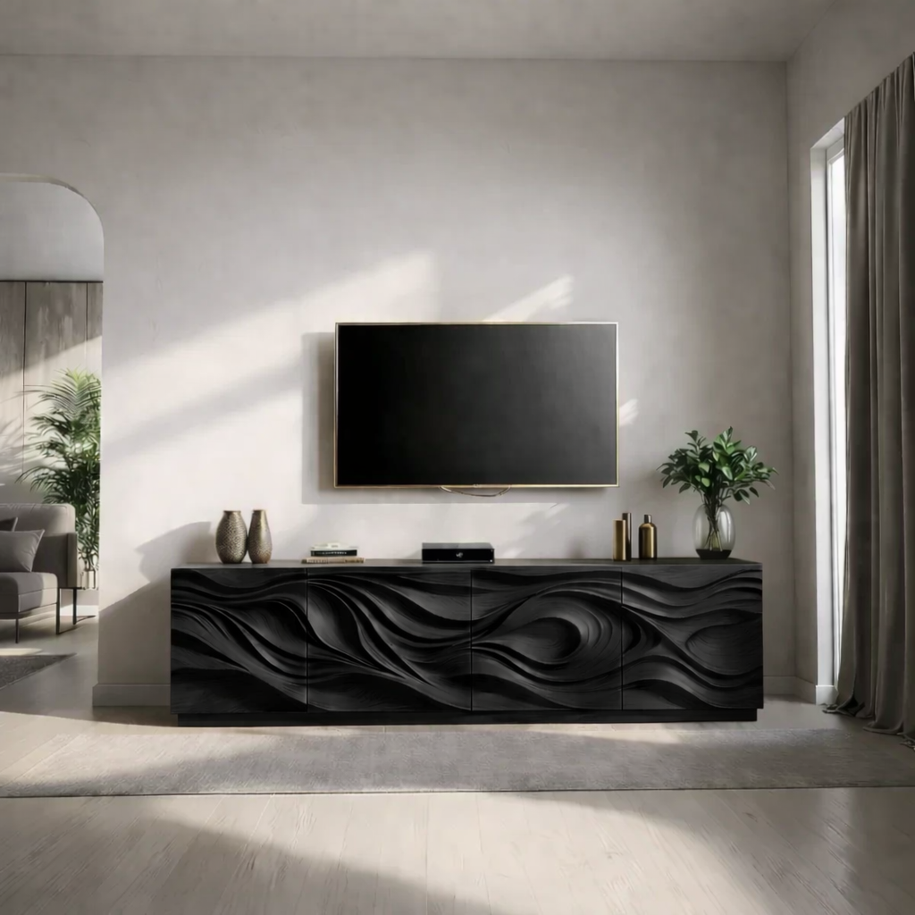 Solid Wood TV Stand Modern Walnut Media Console with Sculpted Wave Doors and Storage