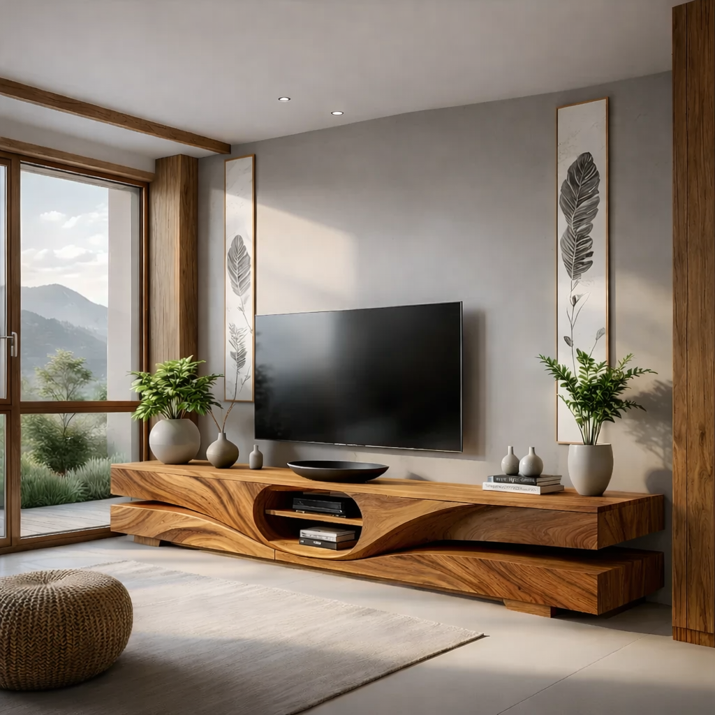 Solid Wood TV Stand Modern Walnut Floating Media Console with Open Storage