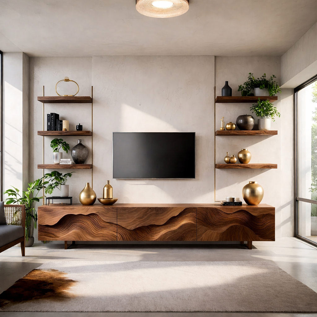 Solid Wood TV Stand Modern Walnut Media Console with Sculpted Wave Doors