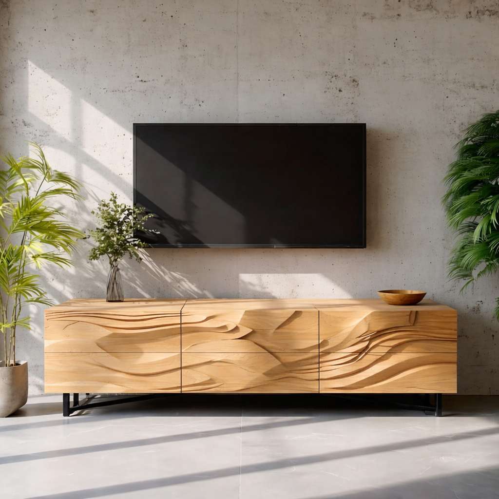 Solid Wood TV Stand Modern Walnut Media Console with Sculpted Wave Doors