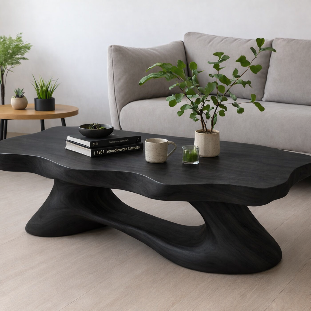 Solid Wood Coffee Table Modern Live Edge Natural Wood with Sculptural Base