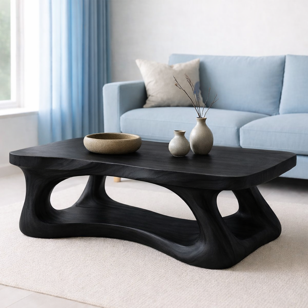 Solid Wood Coffee Table Modern Sculptural Base Natural Live Edge Design