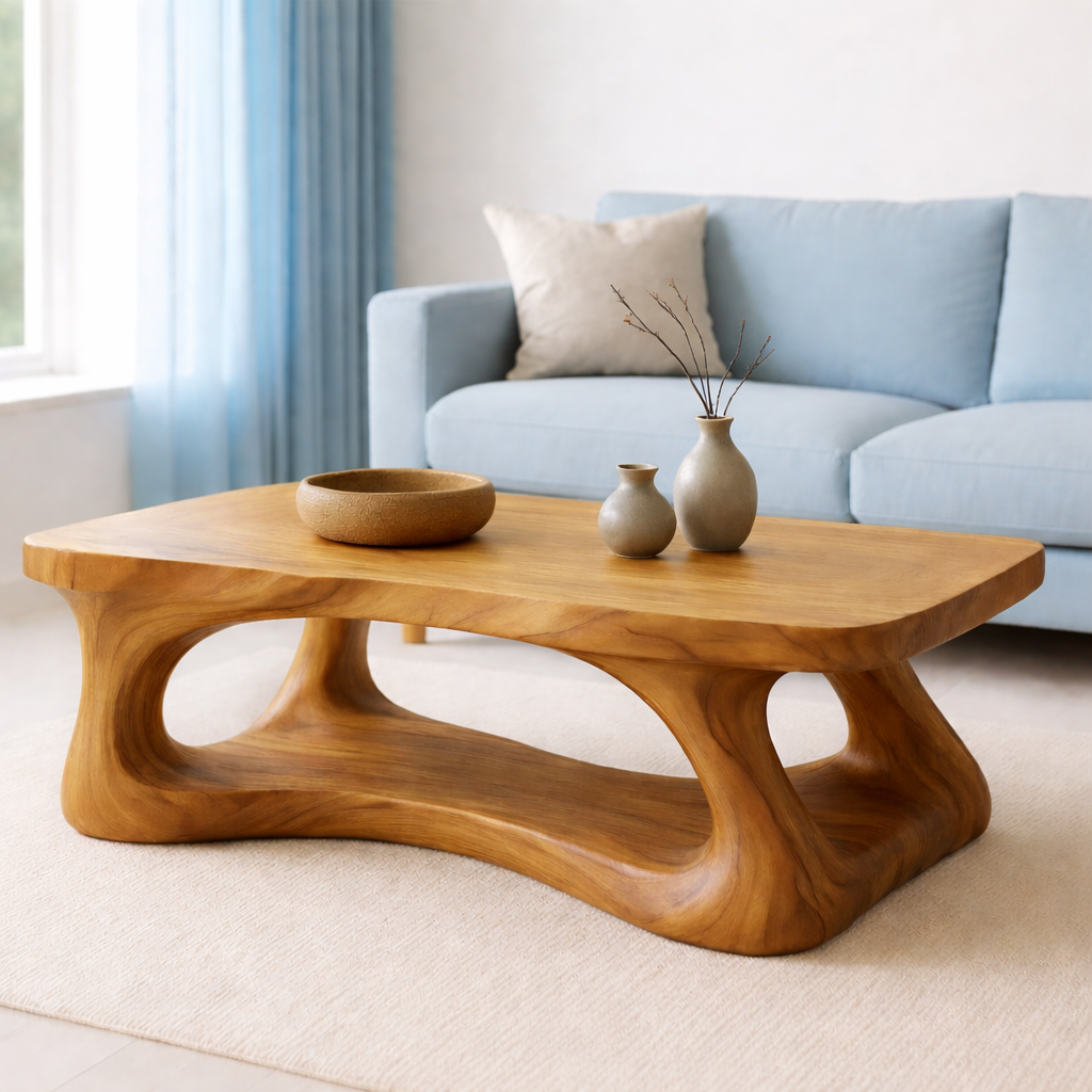Solid Wood Coffee Table Modern Sculptural Base Natural Live Edge Design
