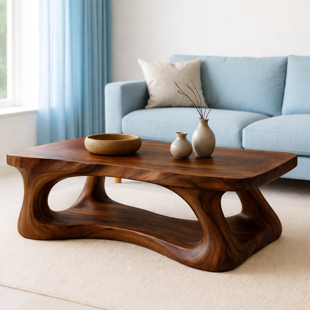 Solid Wood Coffee Table Modern Sculptural Base Natural Live Edge Design
